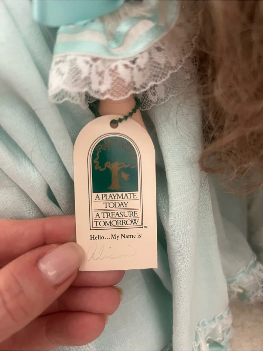 Vintage Collectible Mint Green Porcelain Doll Floral Headpiece BasketCollectible